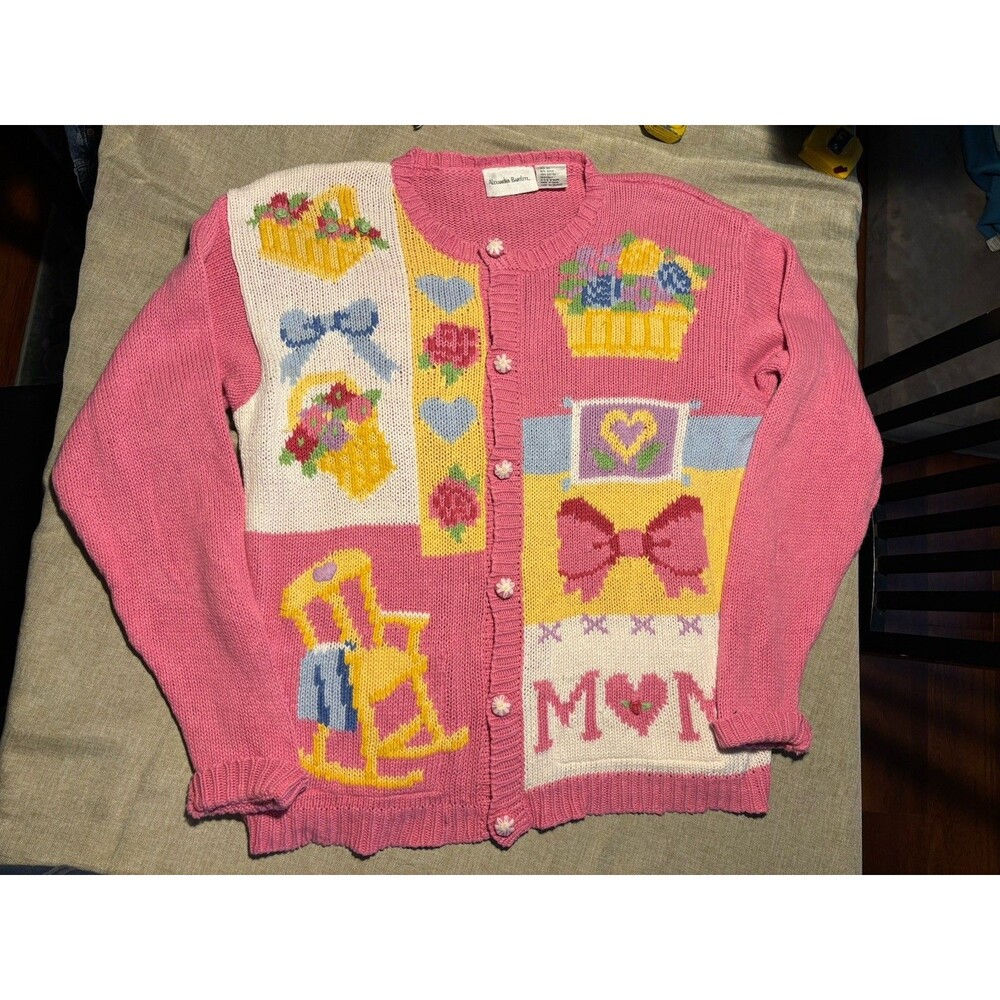 Vintage MOM mothers Day Sweater Grannycore Knitted Cotton Rocking Chair Flowers